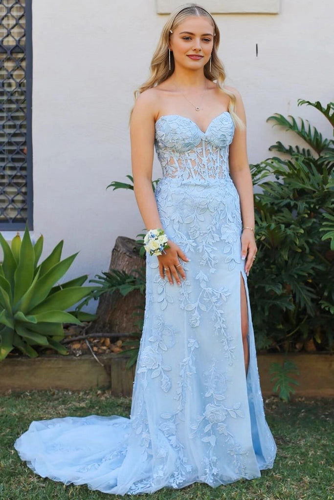 Mermaid‑fit Strapless Lace‑bodice Lace‑up‑back Slit Train Prom Dress