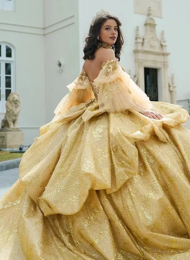 Vedress gold quinceañera ball gown corset lace-up back large bow ruffled overskirt long train back view