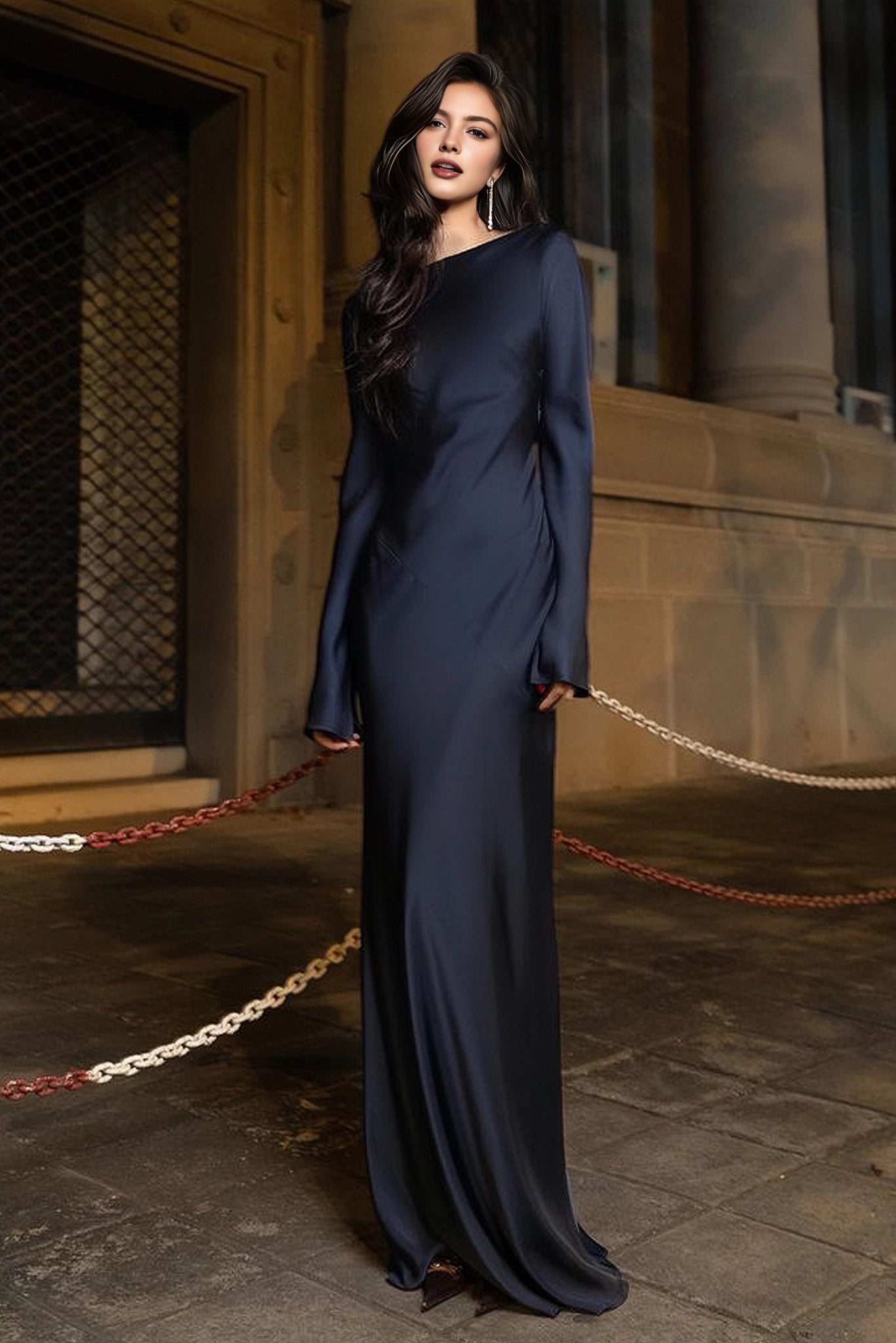 Mermaid Satin Boat‑Neck Long‑Sleeve Draped Tie‑Back Maxi Prom Dress