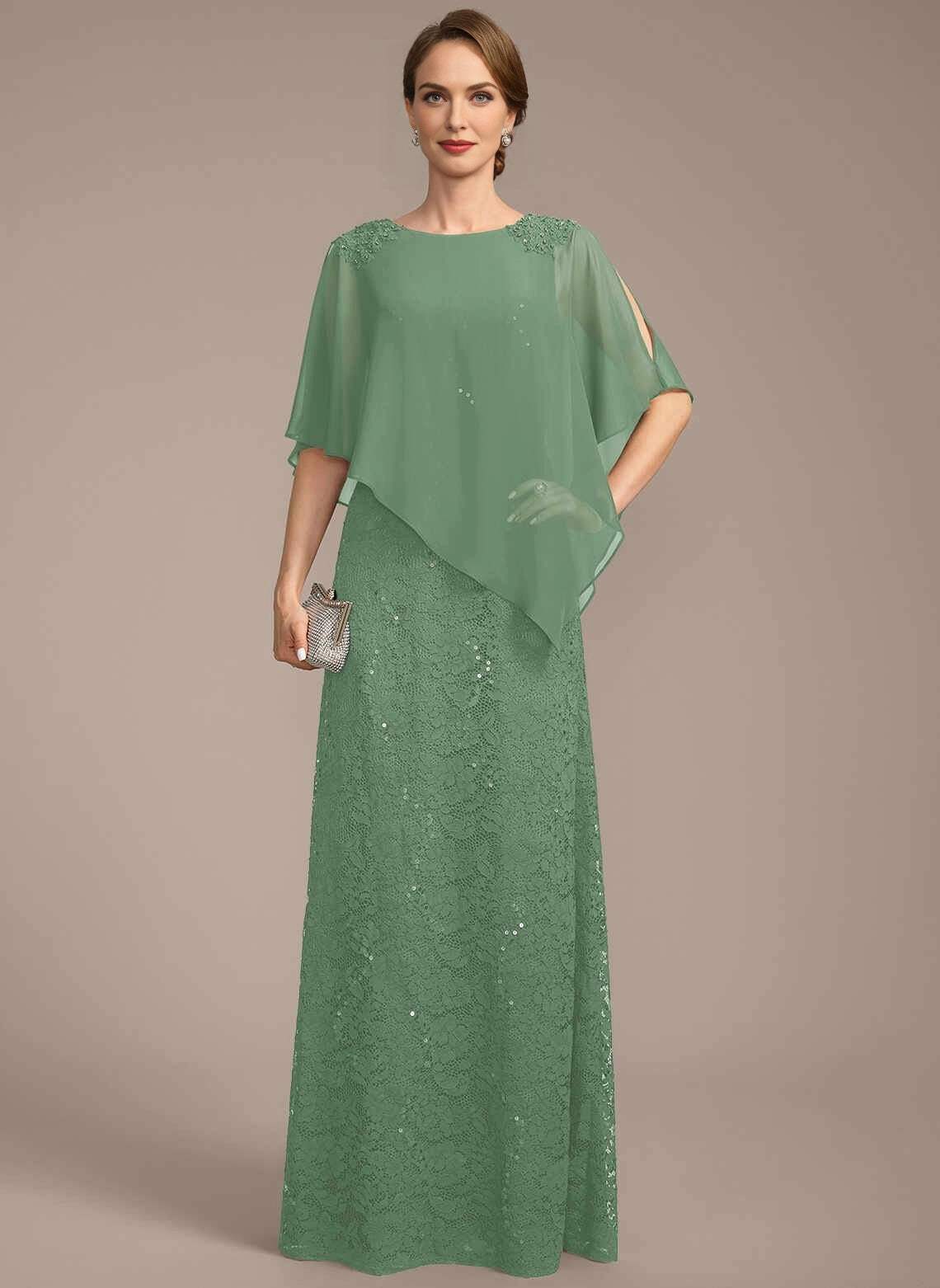 Modest Sheath Bateau Neck Cape Overlay Zipper Back Floor‑Length Mother Of The Bride Dress