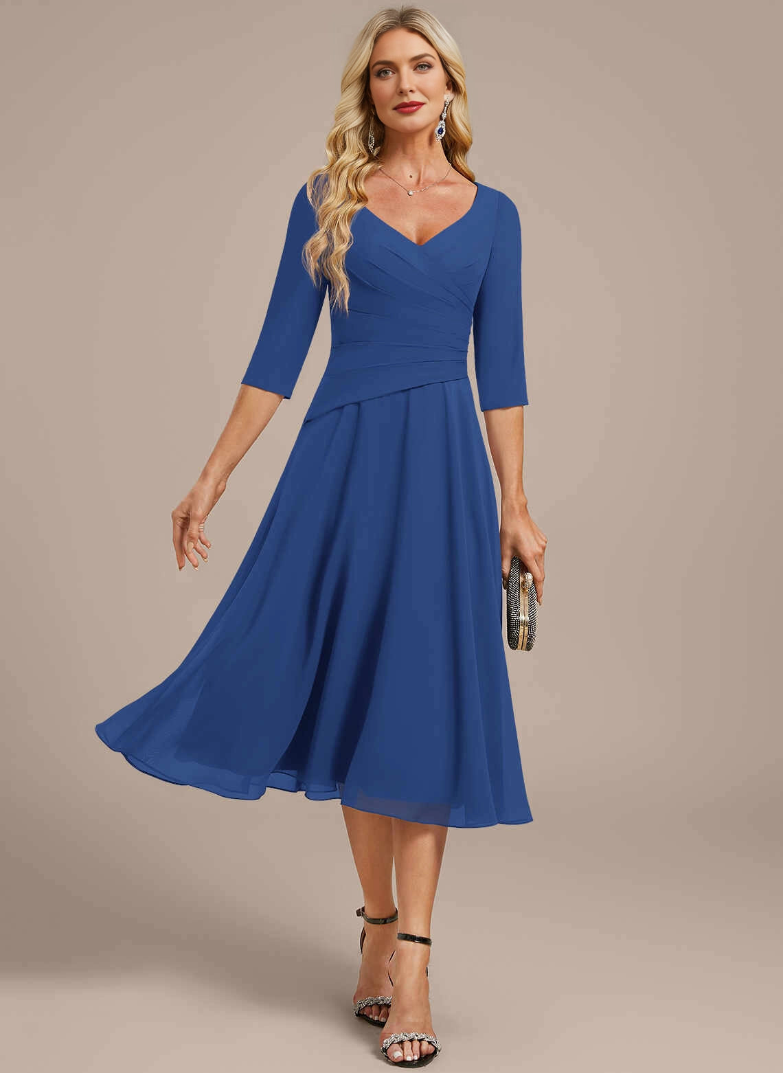 Modest A‑Line V‑Neck 3/4 Sleeve Zipper Back Midi Mother Of The Bride Dress