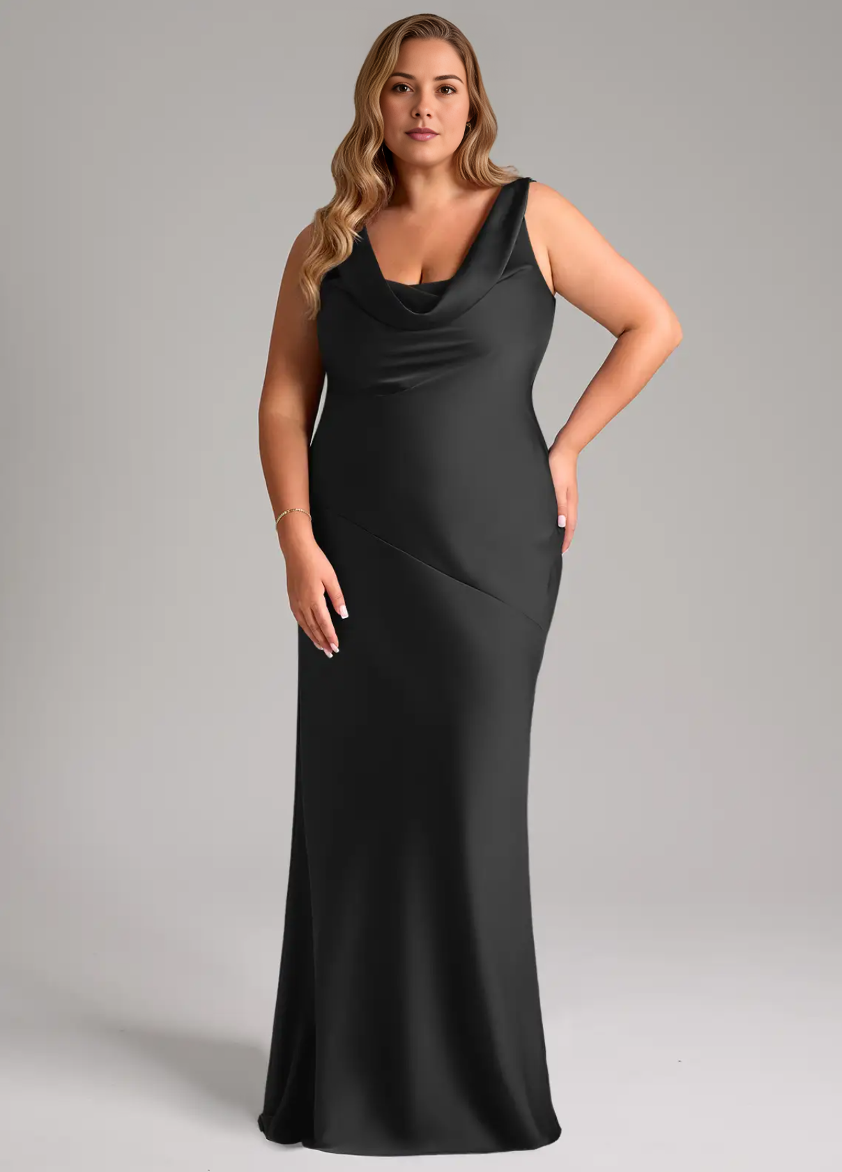 Elegant Mermaid Satin Cowl Neck Long Sleeveless Bridesmaid Dresses with Low Back Detail Evening Gown