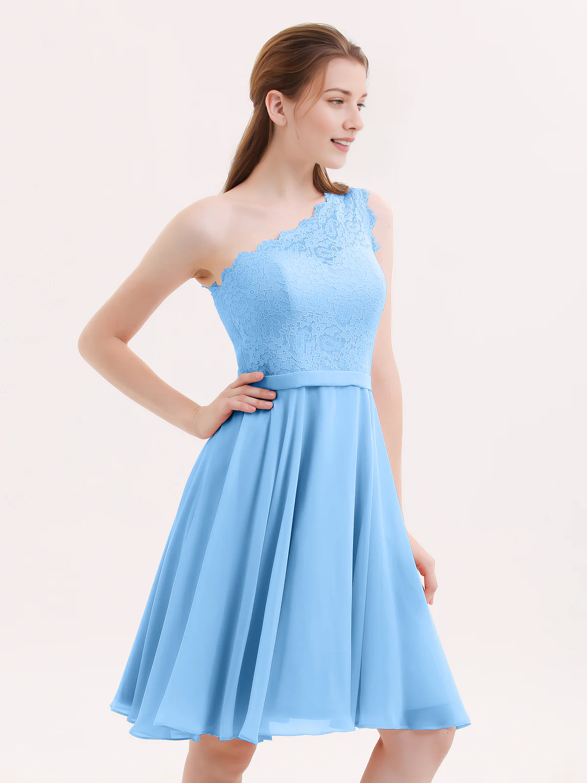 One Shoulder Lace Top A-Line Knee-Length Chiffon Bridesmaid Homecoming Short Dress