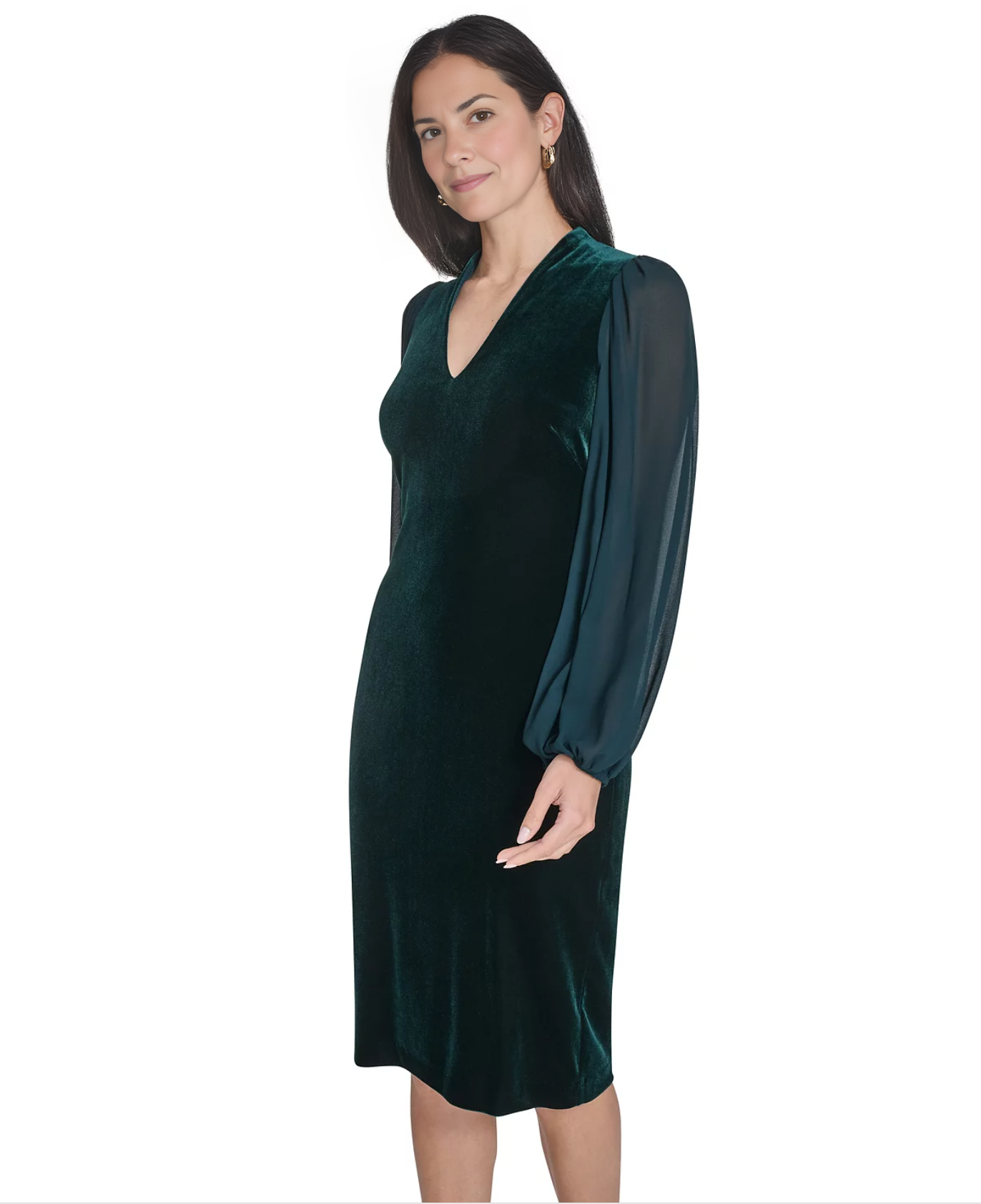 Women's V-Neck Long Sleeve Velvet Maxi Dress with Sheer Chiffon Sleeves Mother of the Bride Dress Evening Gown