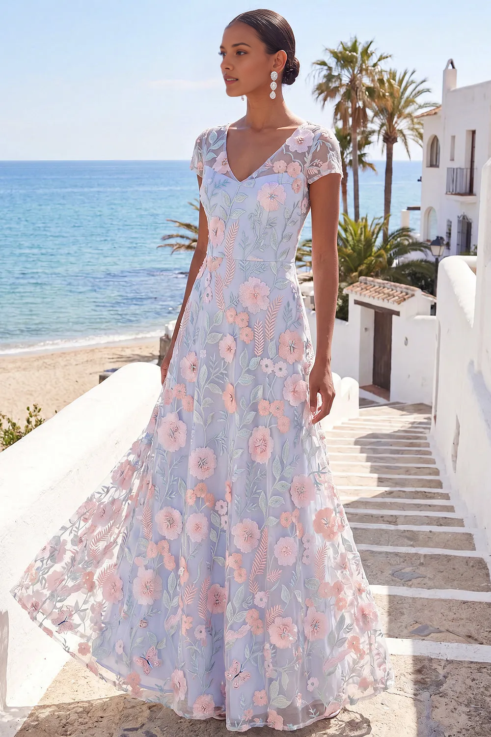 Short Sleeve V-Neck Floral Embroidery Tulle A-Line Floor Length Formal Evening Gown