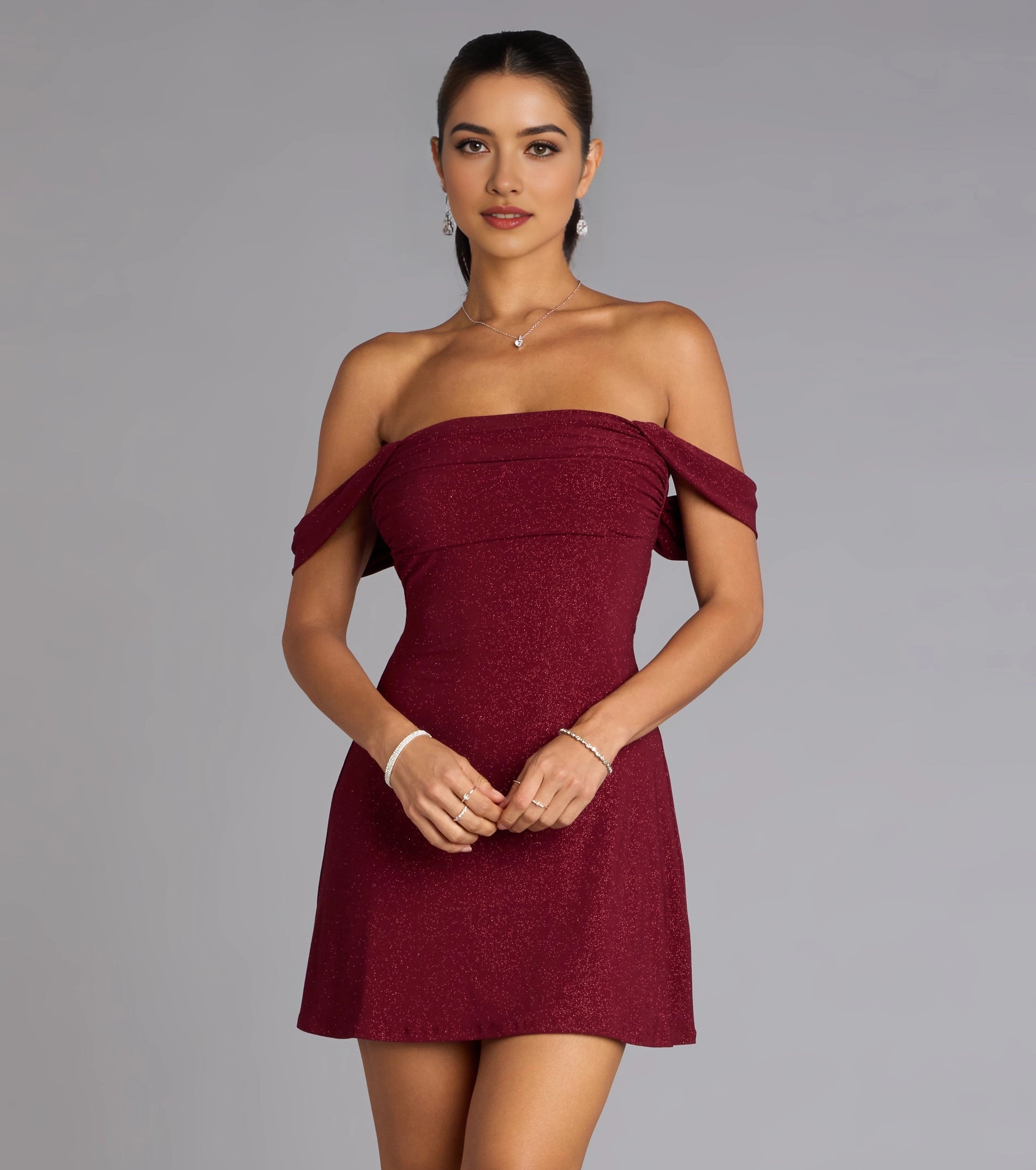 Emerald Glitter FitFlare OffShoulder PlainBack Ruched Mini Homecoming Dress