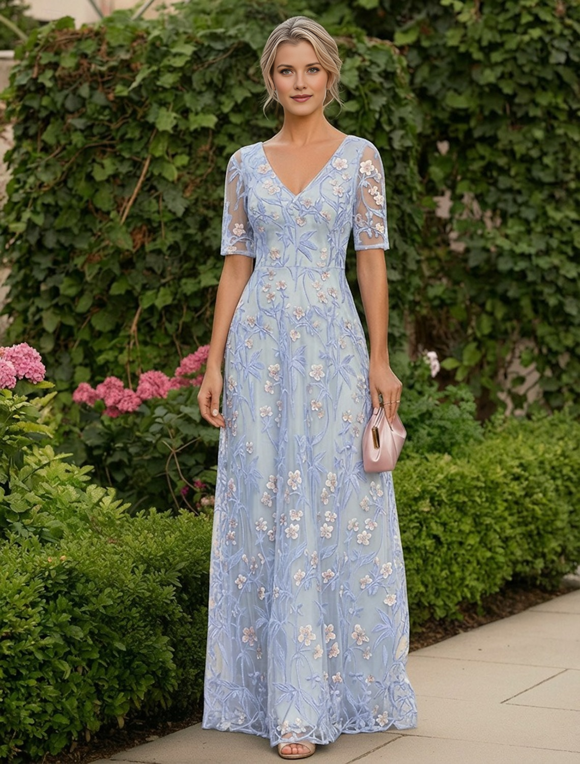 V-Neck Half Sleeve Floral Embroidered Tulle A-Line Floor-Length Mother of the Bride Dress