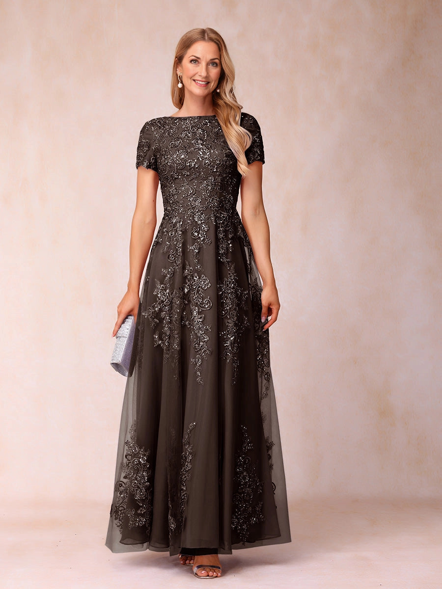 Elegant A Line Bateau Neck Short Sleeve V‑Back Floor Length Mother Of The Bride Dress