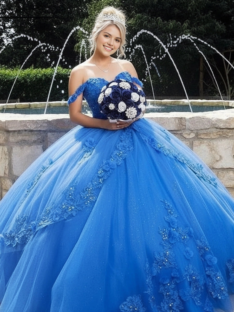 Ball Gown Spaghetti Straps Sweetheart 3D Floral Lace Appliques Corset Back Quinceanera Dress