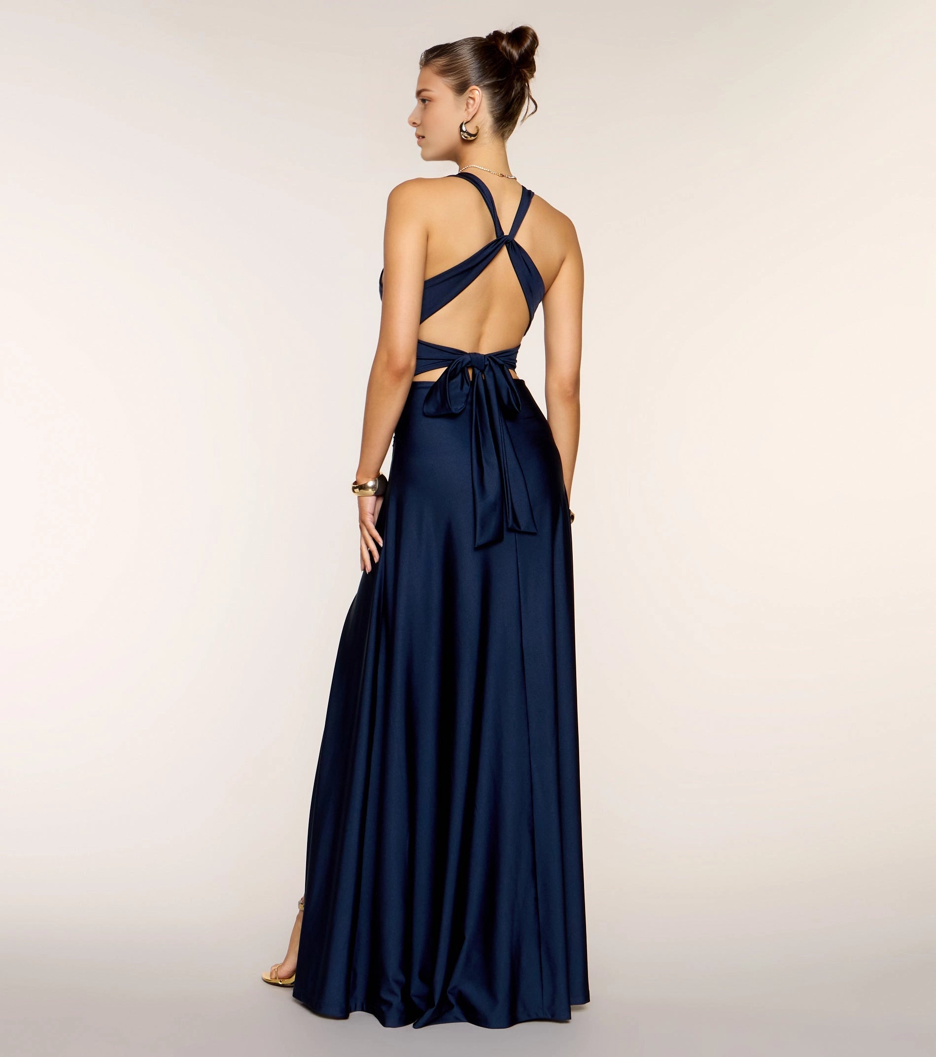 Vedress dark blue formal dress halter criss cross tie bow open back long prom dress rear view