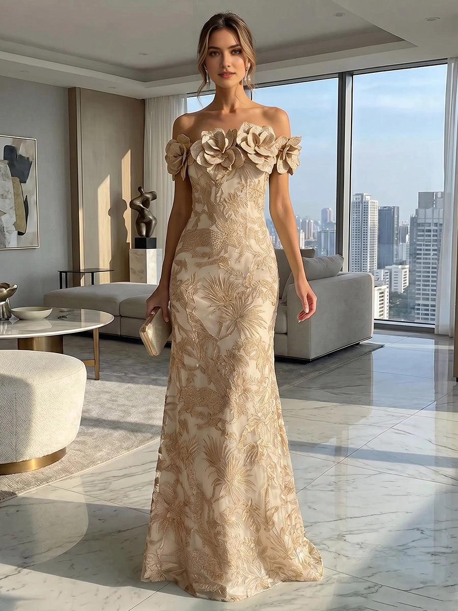 Luxury Mermaid Off‑Shoulder Strapless Closed‑Back Floor‑Length Prom Dress 