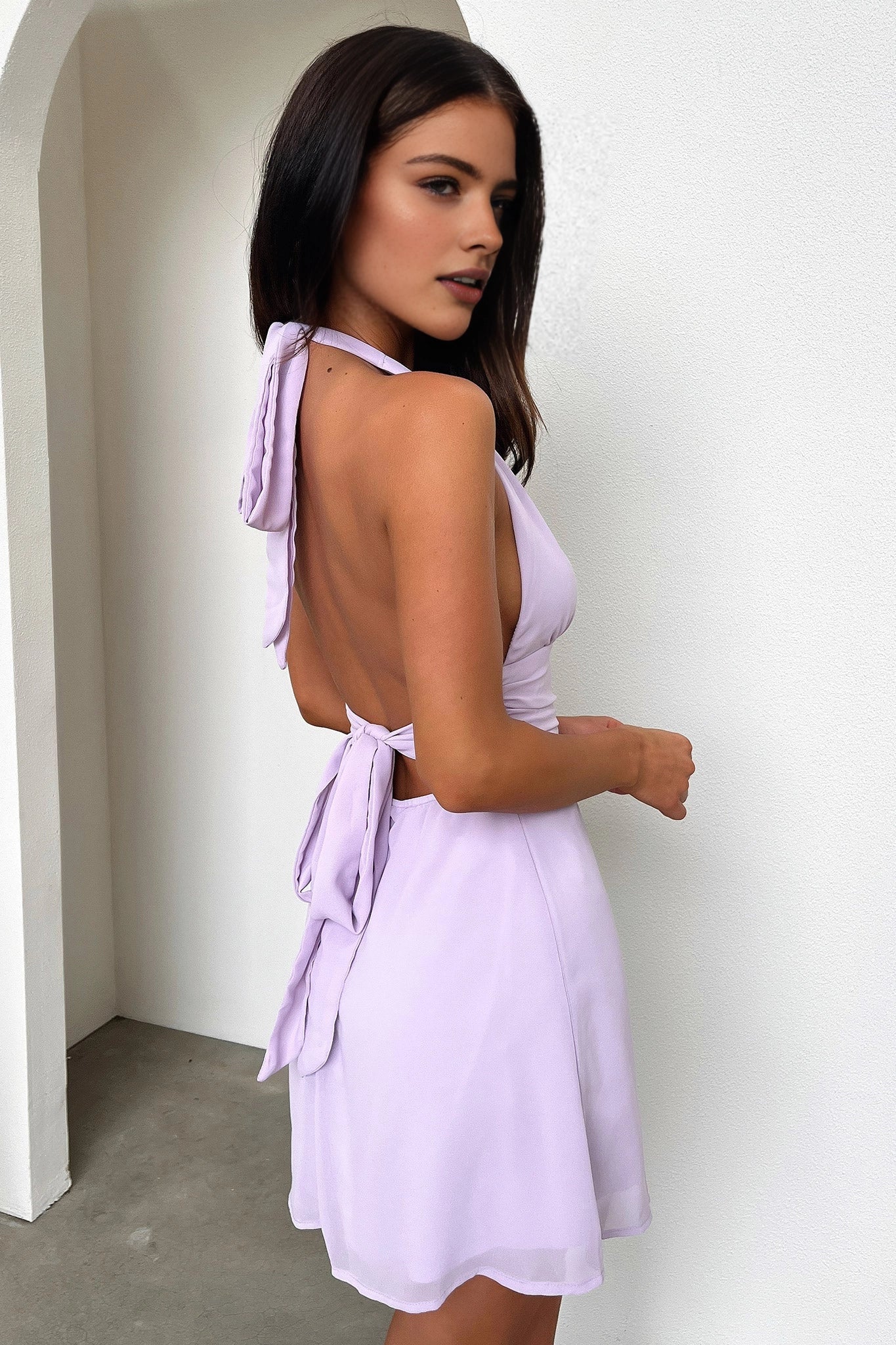 Flowy A-Line Deep V Halter Tie Back Mini Homecoming Dress