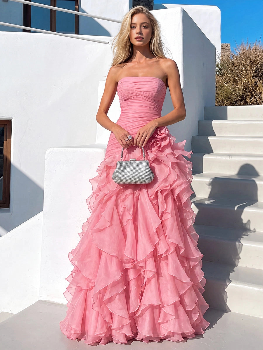 Pink A‑Line Strapless Ruched Tiered Ruffle Prom Dress