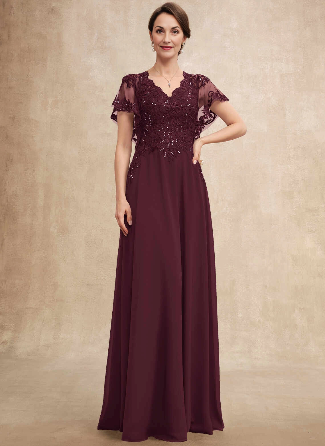 Gorgeous A‑Line V‑Neck Flutter‑Sleeve V‑Back Floor‑Length Mother Of The Bride Dress