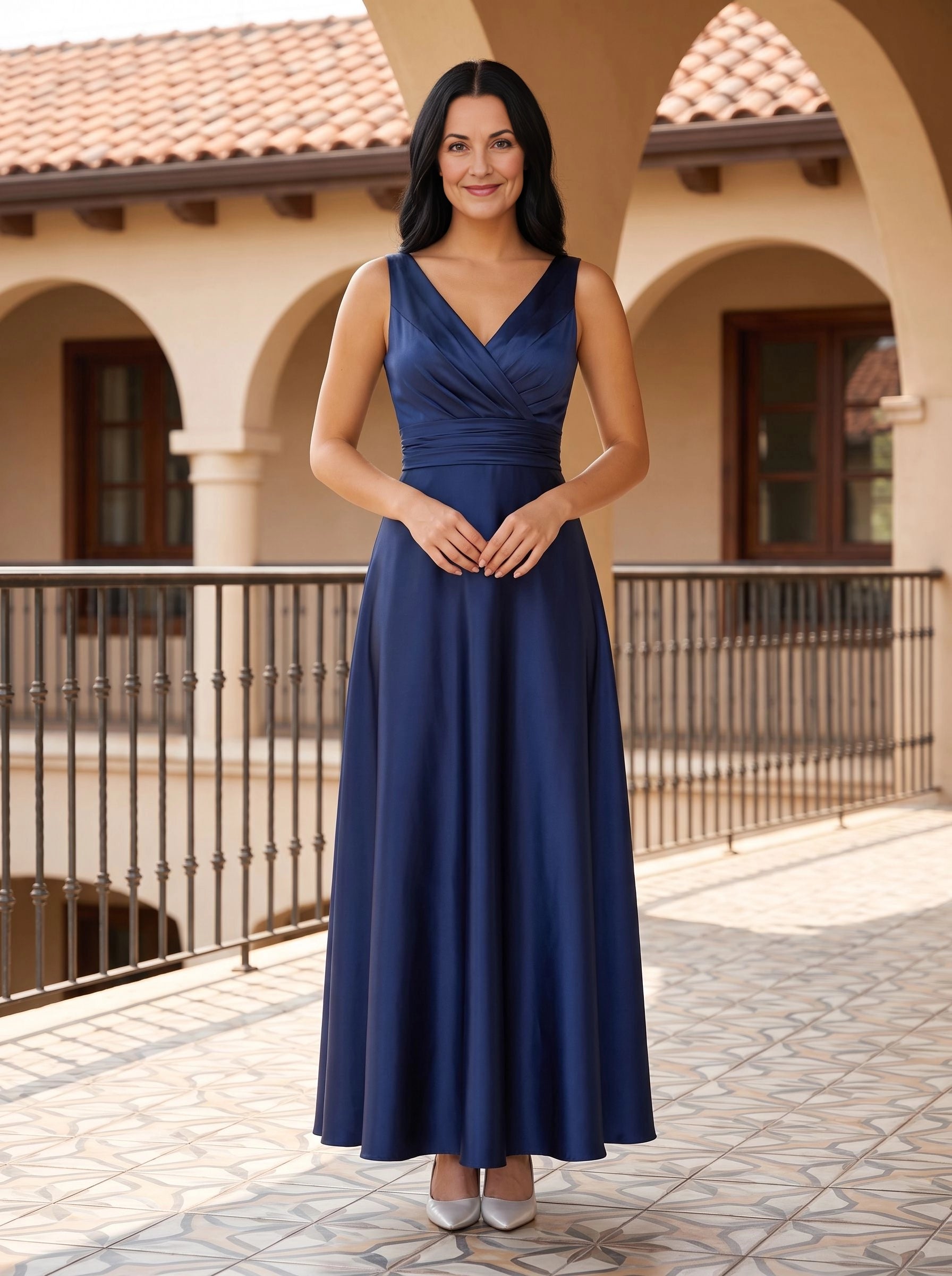 Classic A‑Line V‑Neck Sleeveless V‑Back Long Mother Of The Bride Dress