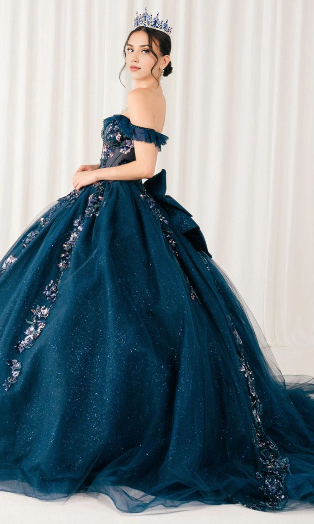 Enchanting Navy Blue Ball Gown Off‑Shoulder Ruffle Sleeve Lace‑Up Back Cathedral Train Quinceanera Dress