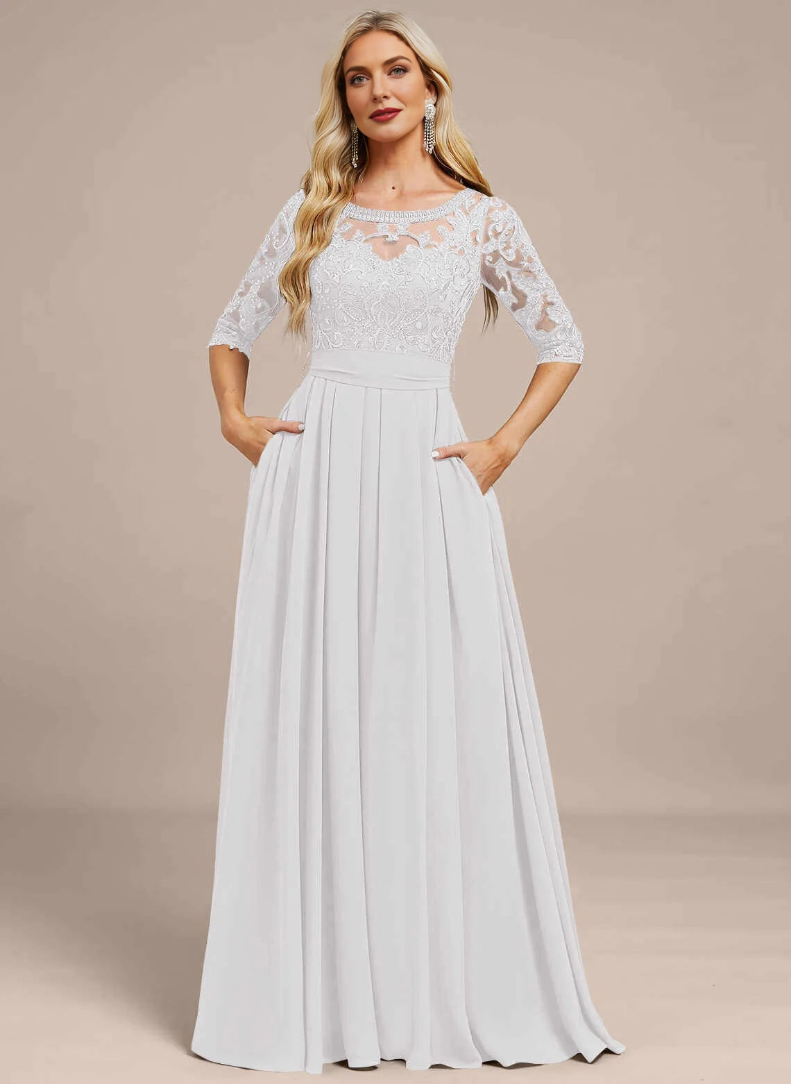 Elegant A‑Line Bateau Neck 3/4 Sleeve Bow Back Floor‑Length Mother Of The Bride Dress