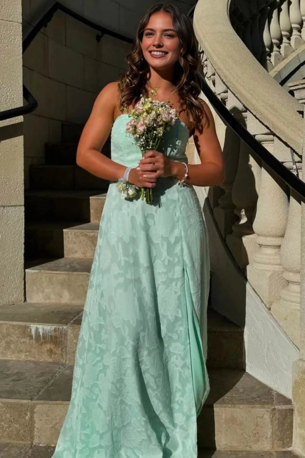 A‑line Strapless Jacquard Cut‑out‑back Slit Floor‑length Prom Dress