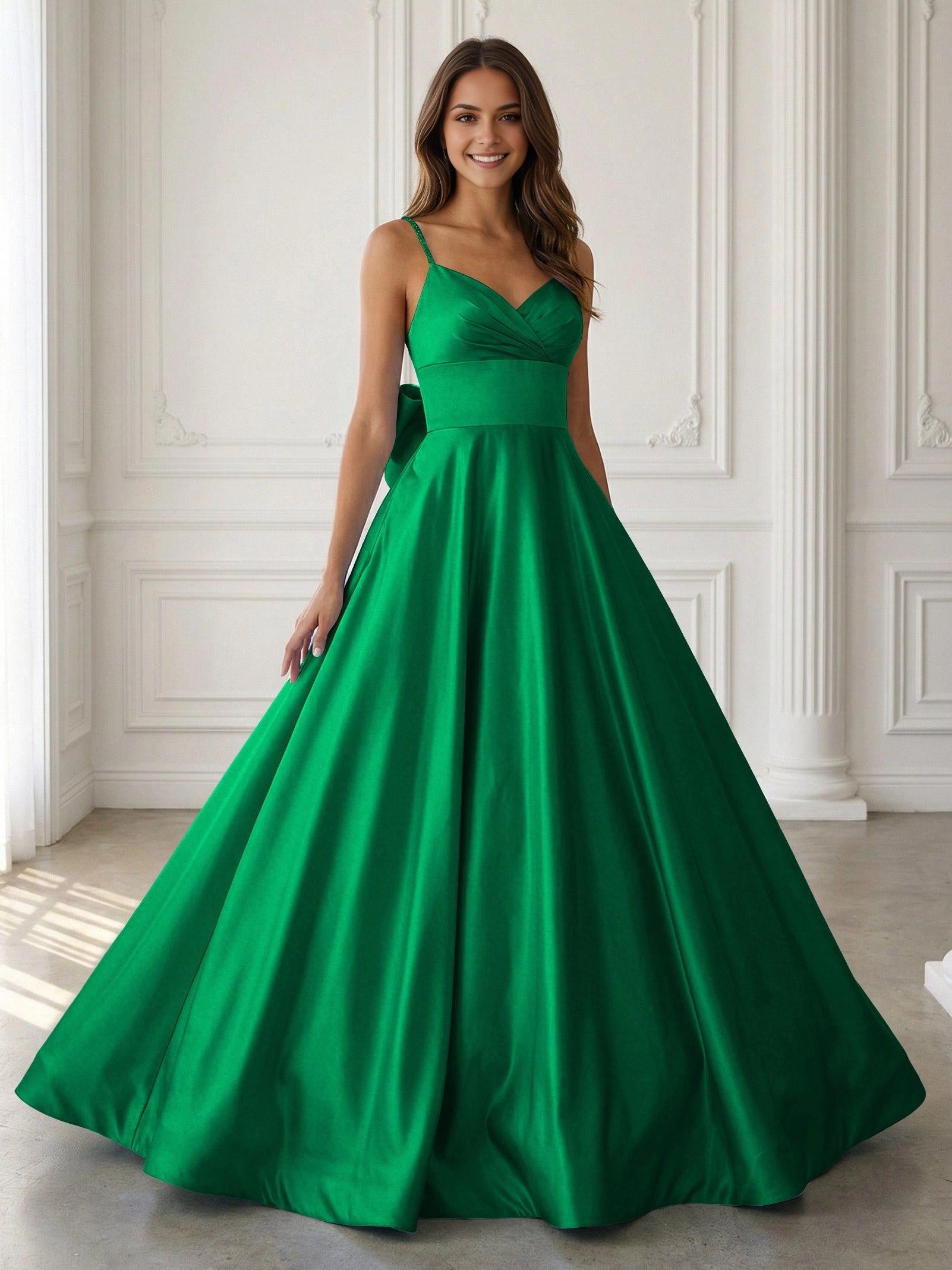 Elegant A‑Line V‑Neck Beaded‑Strap Sleeveless Bow‑Back Floor‑Length Prom Dress