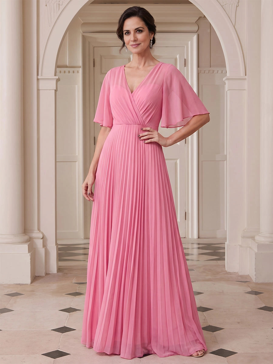 Flowy A‑Line V‑Neck Flutter Sleeve Tie‑Back Floor‑Length Mother Of The Bride Dress