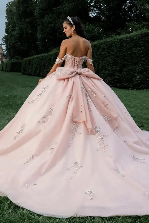 Blush Pink Ball Gown Sweetheart Off Shoulder Corset Back Floor Length Quinceañera Dress