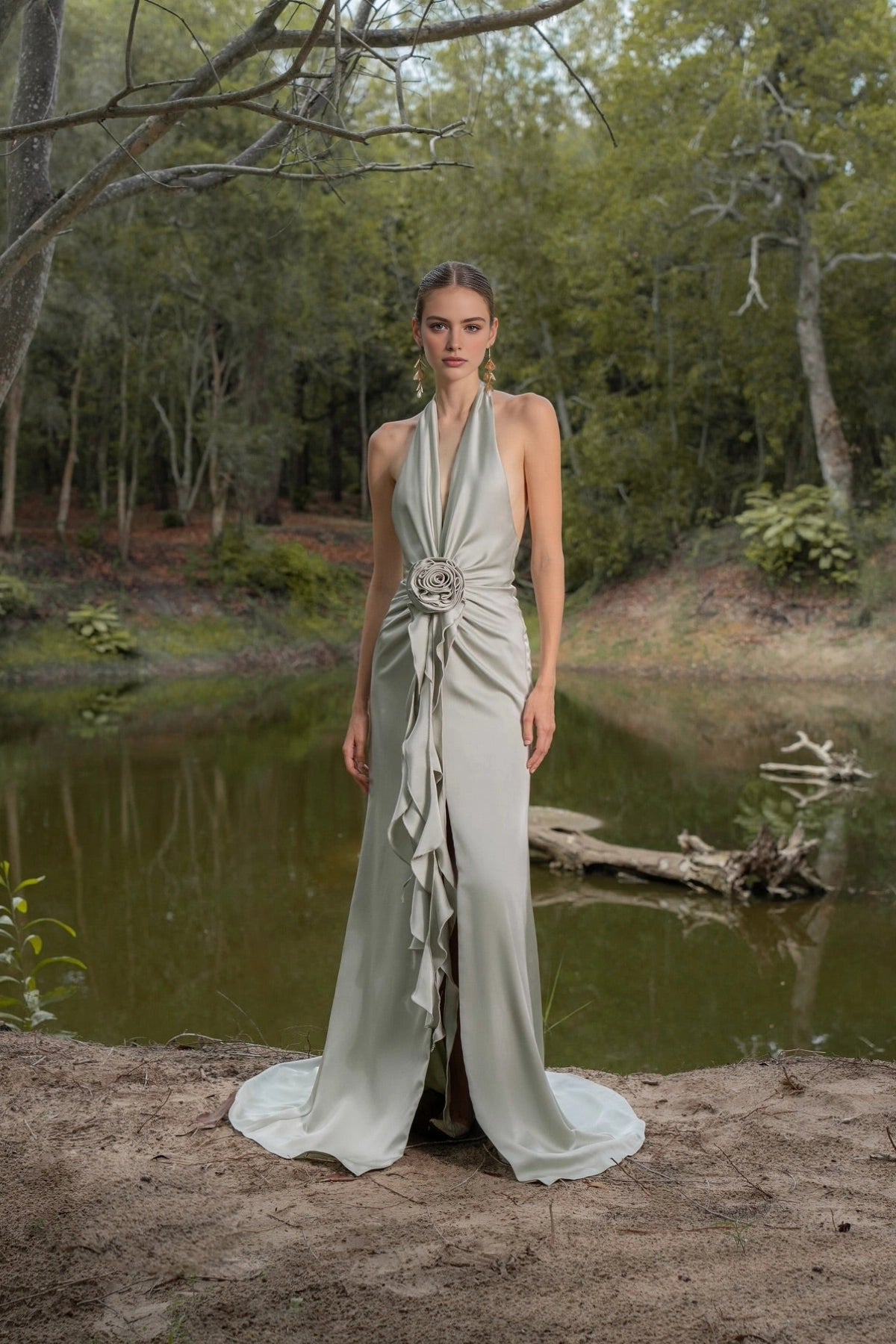 Slit Mermaid Satin Halter‑Neck Flower Ruffle Backless Maxi Prom Dress