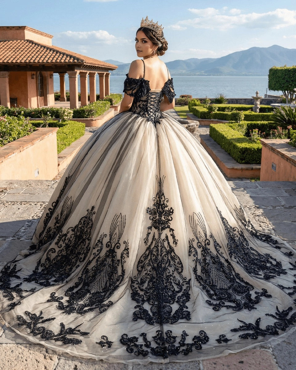 Ballgown Sweetheart Off Shoulder Lace Sleeve Lace-up Back Sweep Train