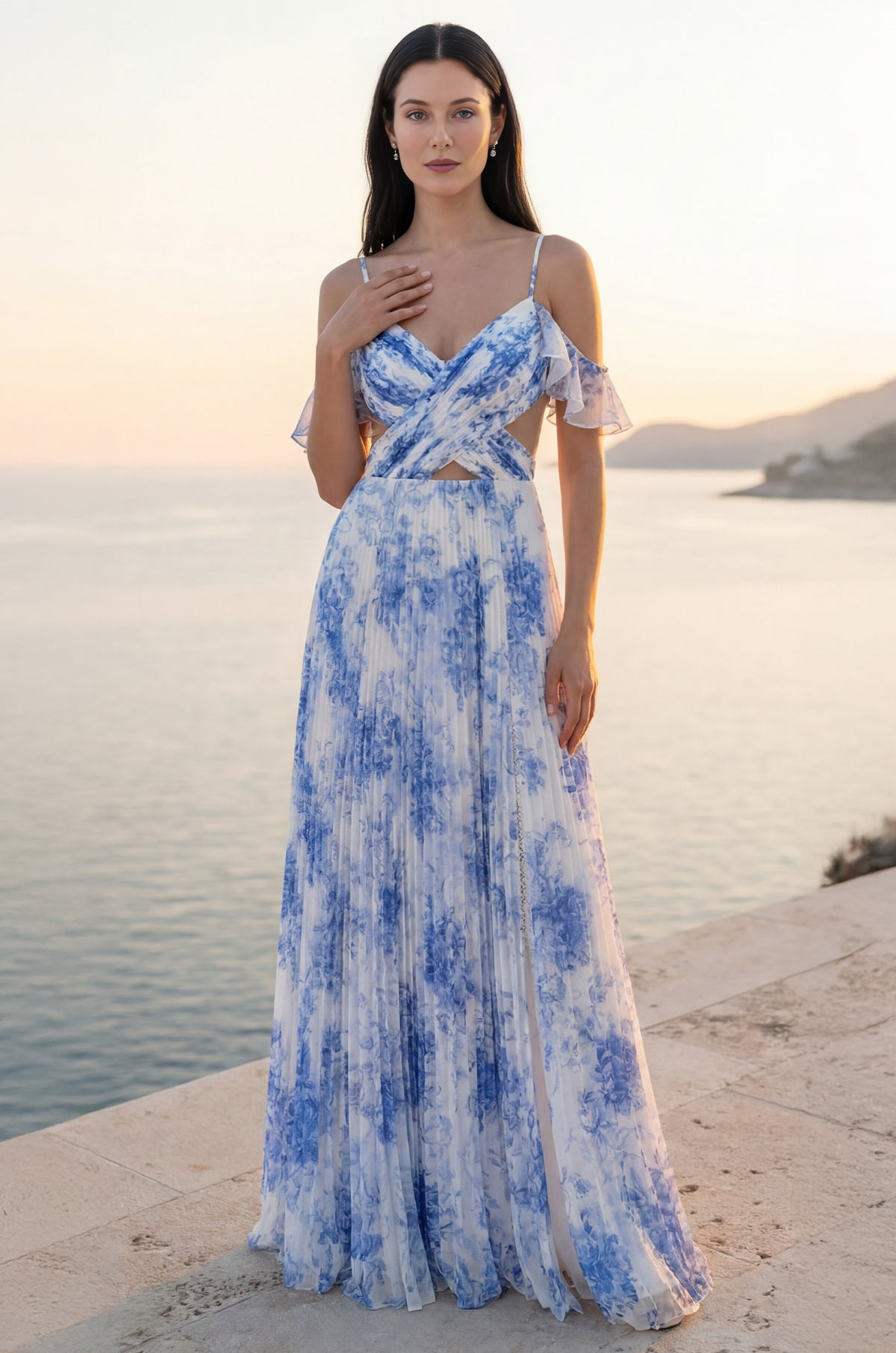 Elegante vestido de fiesta largo formal maxi de chifón floral con escote en V, hombros descubiertos, recortes y espalda abierta con abertura lateral