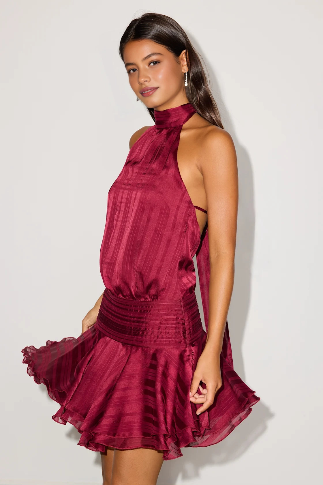 Vedress burgundy striped satin halter tie back ruffle hem slip mini homecoming dress front view teen girls