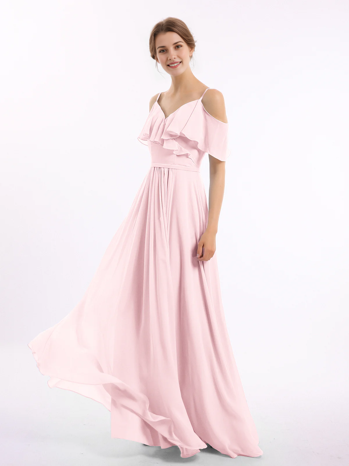 Cold Shoulder Ruffle V-Neck Chiffon A-Line Maxi Bridesmaid Dress with Pockets