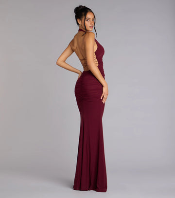 Vedress wine red long evening gown,back view open corset lace‑up back,ruched waist & hip,mermaid hem,solid gray backdrop