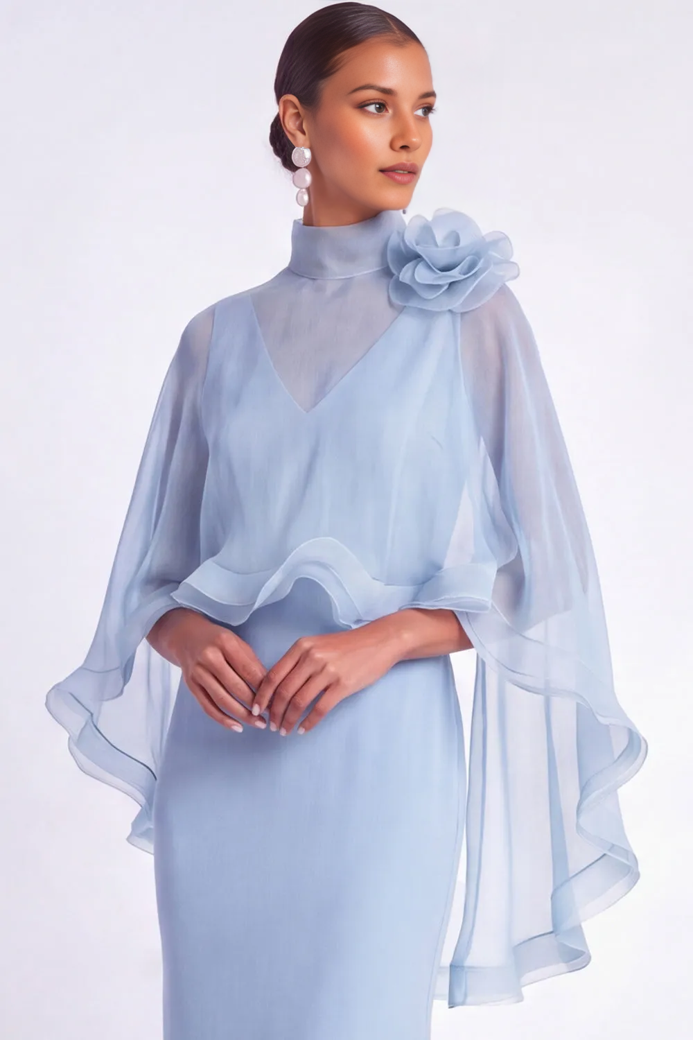High Neck 3D Flower Cape Chiffon Mermaid Maxi Formal Evening Dress
