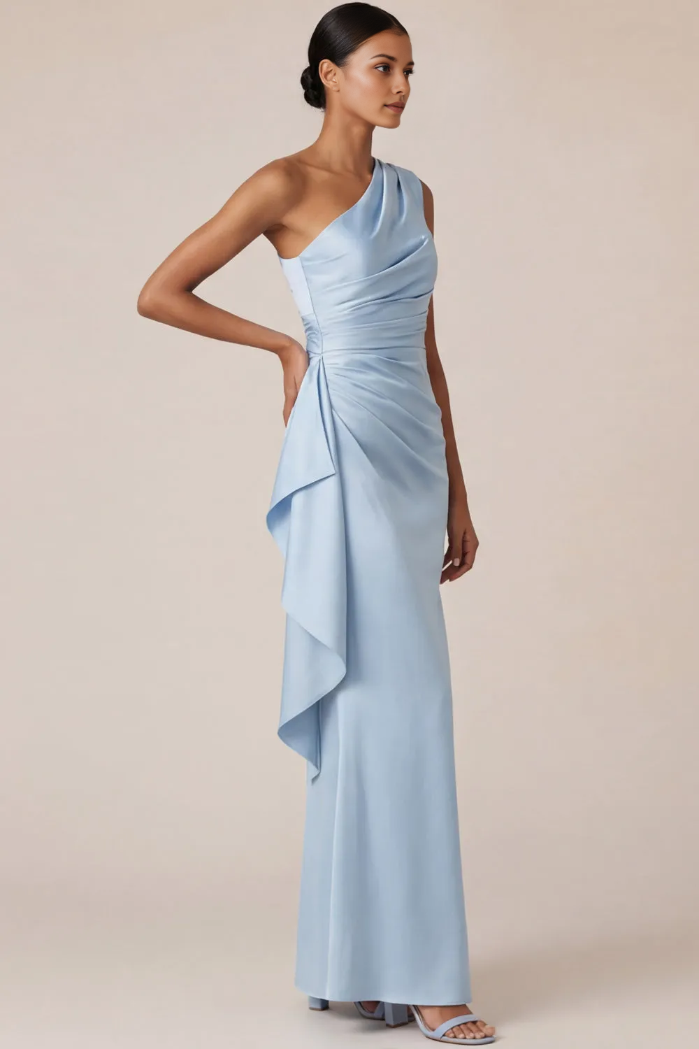 Light Blue One-Shoulder Ruched Satin Mermaid Gown with Draped Sash