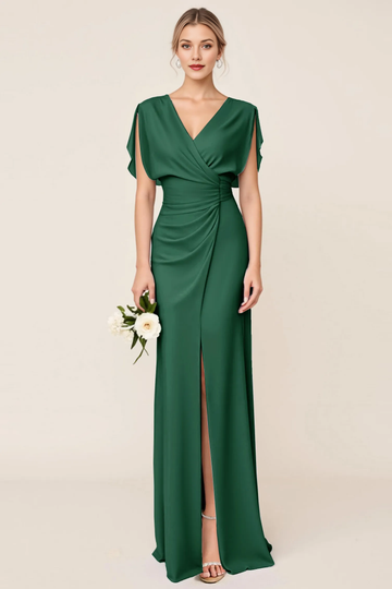 V-Neck Draped Sleeve Chiffon Bridesmaid Dress with Ruched Waist & Slit