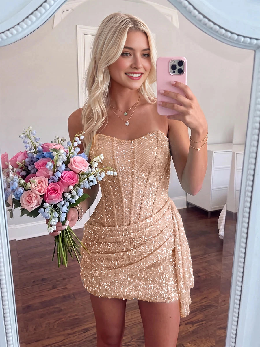 Sparkling Sequin Sheath Sweetheart Strapless Sleeveless Zip‑Back Mini Homecoming Dress