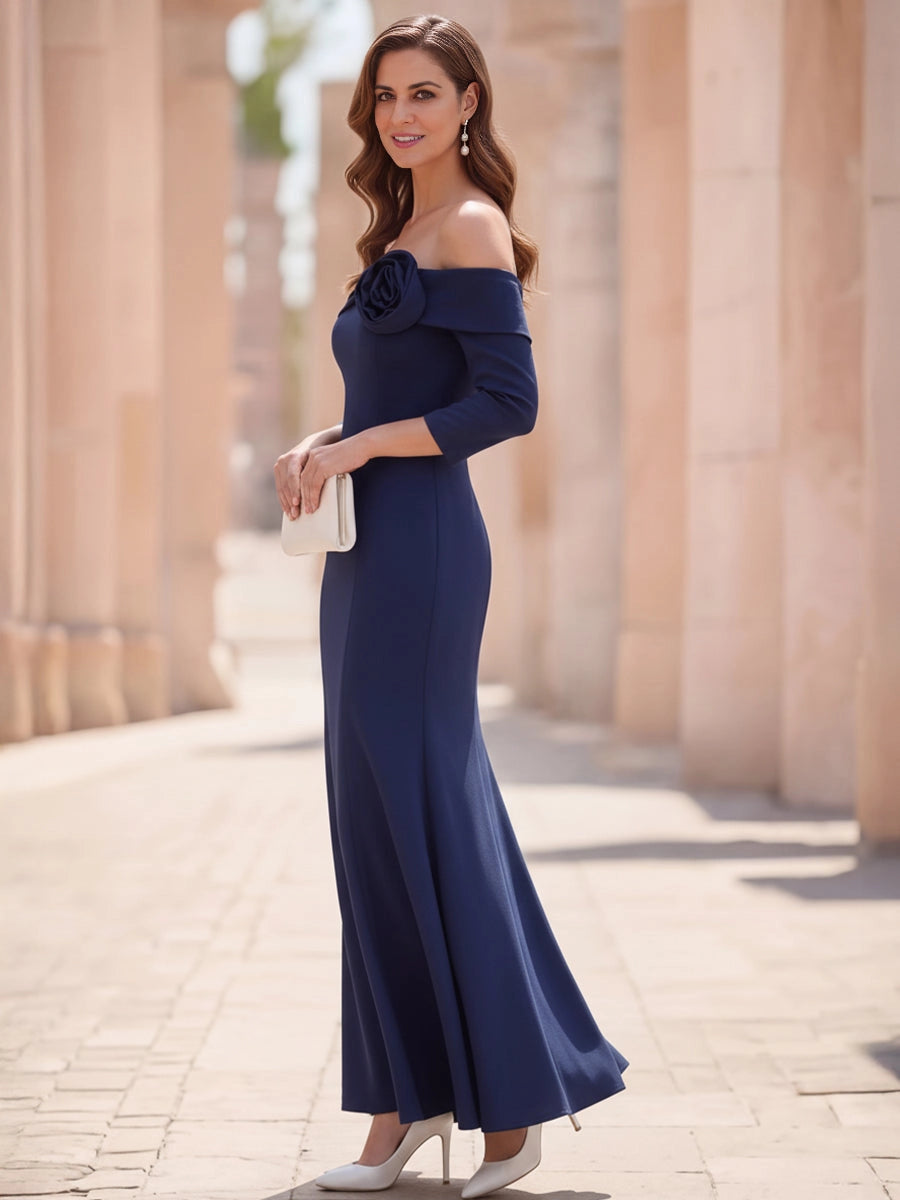 Chic Mermaid Off Shoulder 3/4 Sleeve Floor‑Length Mother Of The Bride Dress 