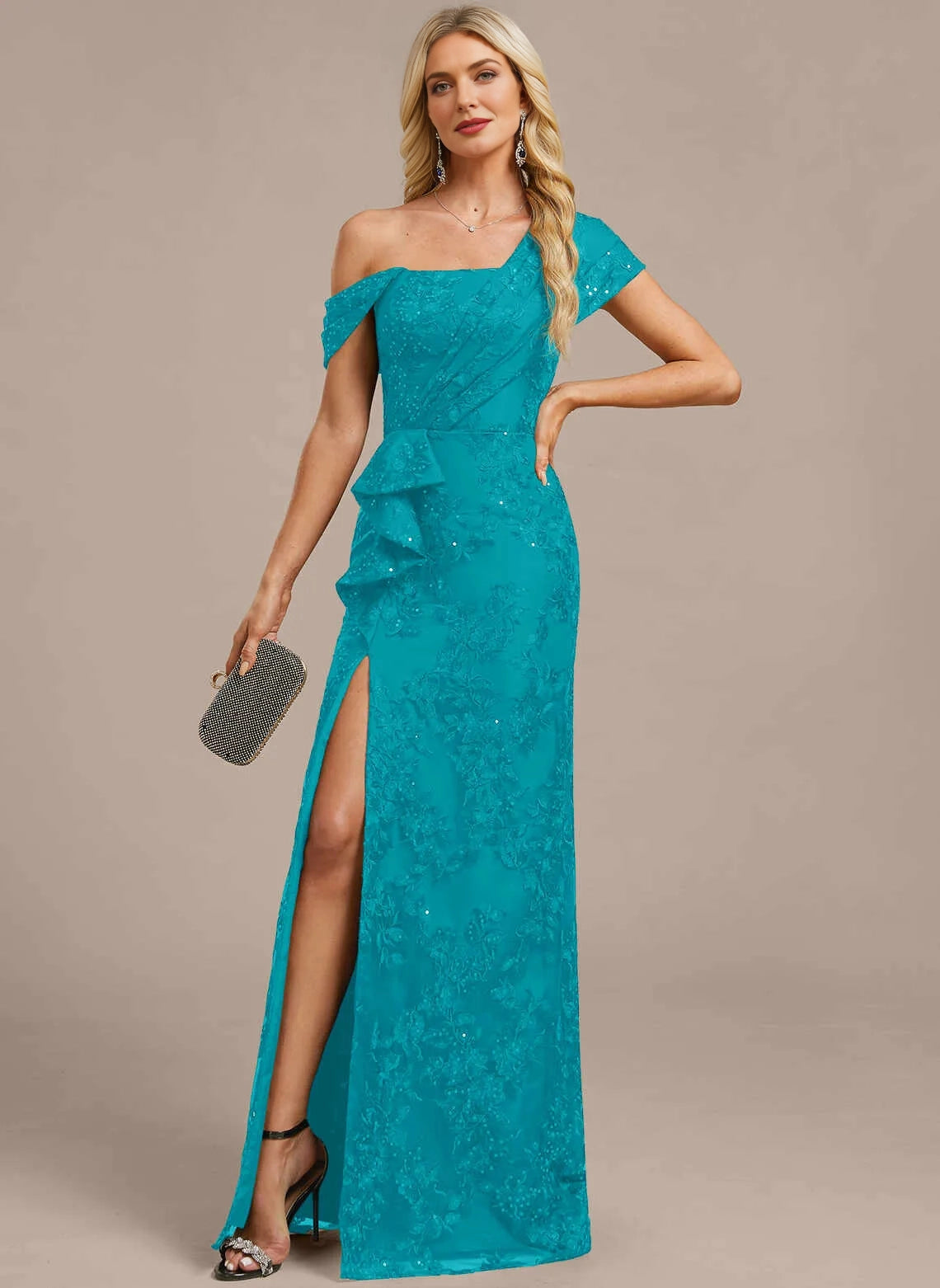 Chic Mermaid Off‑The‑Shoulder Side Slit Zipper Back Floor‑Length Mother Of The Bride Dress