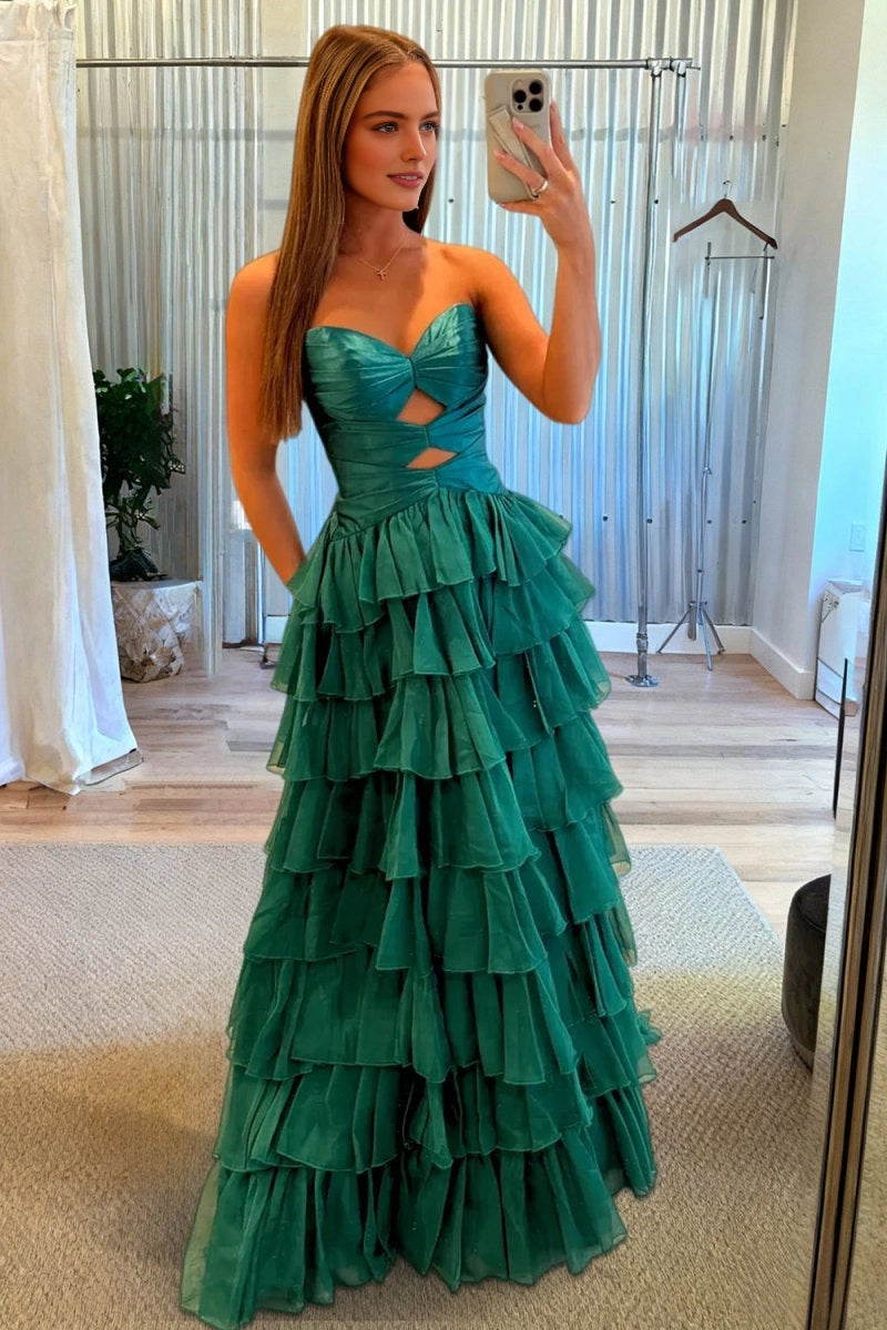 Bright Hot‑Pink A‑Line Strapless Sleeveless Lace‑Up‑Back High‑Slit Tiered Floor‑Length Prom Dress