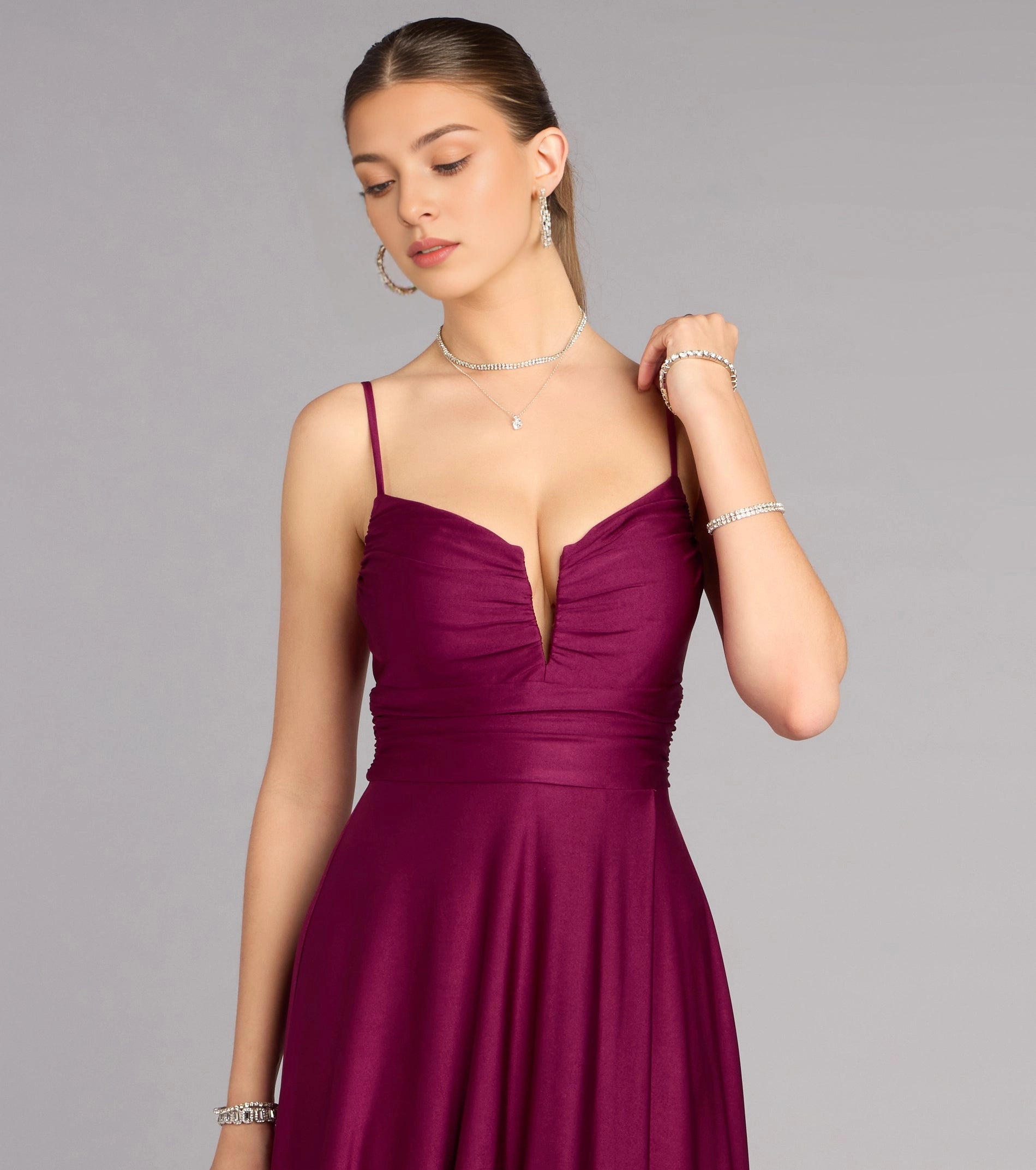 Burgundy A Line Sweetheart Spaghetti Strap V Back Slit Long Prom Dress