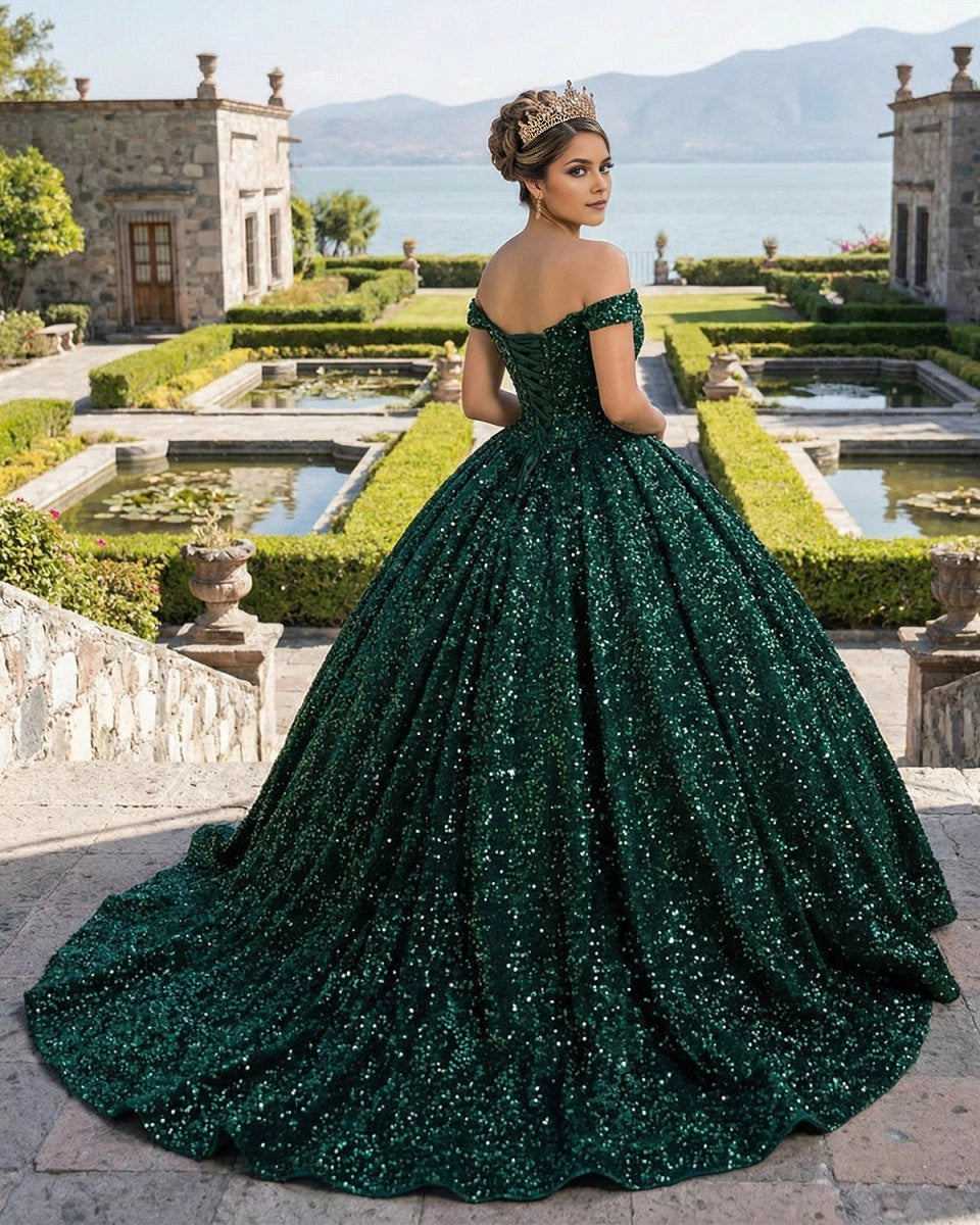 Ball Gown Off The Shoulder V Neck Lace Up Back Sequin Quinceañera Dress