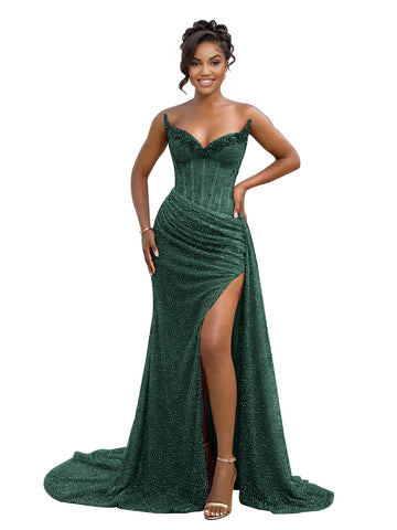 Glamorous Mermaid Sweetheart Strapless Lace-Up Back Floor-Length Ruched Sparkly Prom Dress