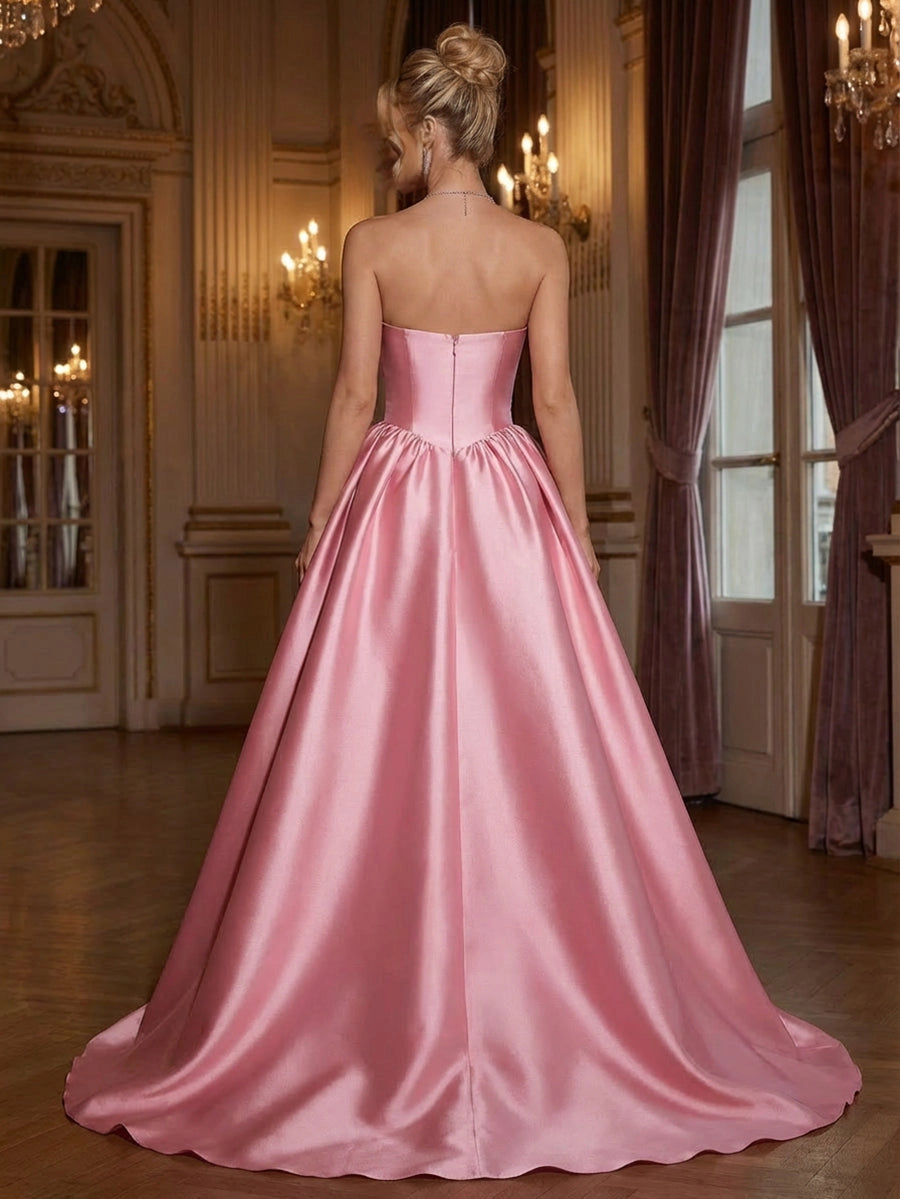 Back view Vedress pink satin prom dress,closed zipper back,structured corset waist,ball gown evening dress