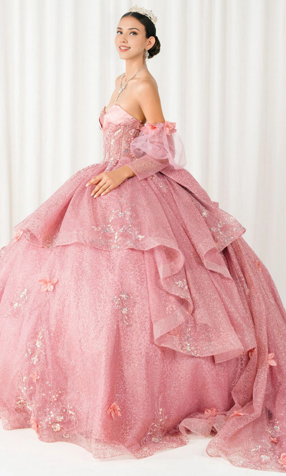 Dusty Pink Ball Gown Strapless Off‑Shoulder Puff Long Sleeves 3D Floral Big Bow Long Train Quinceanera Dress