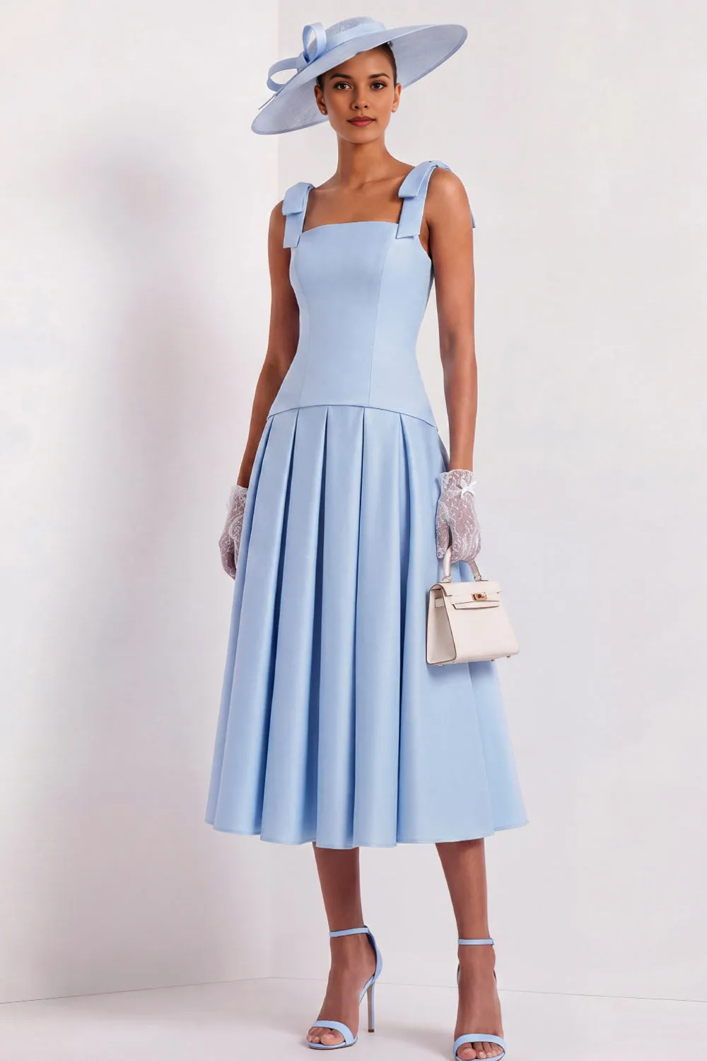 Bow Strap Square Neck Pleated Midi A-Line Formal Tea Length Race Day Dress