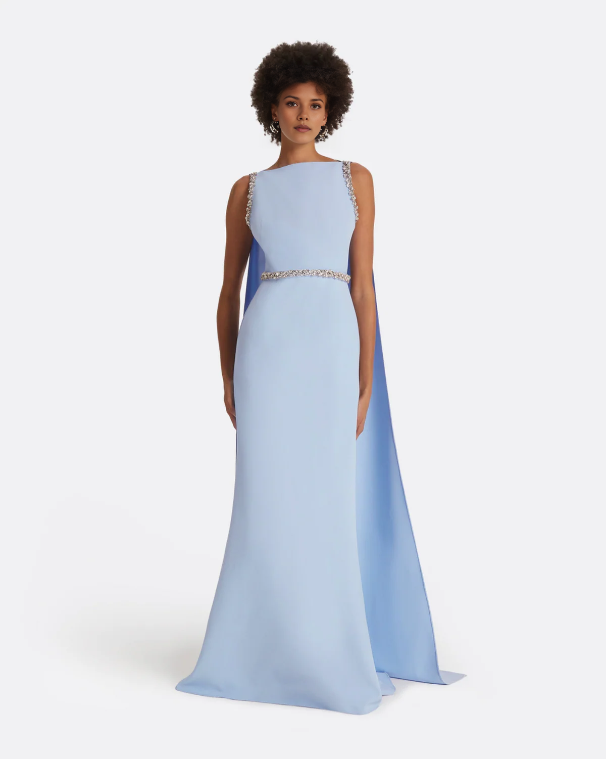 Bateau Neck Crystal Embellished Cape Sleeve Mermaid Evening Gown