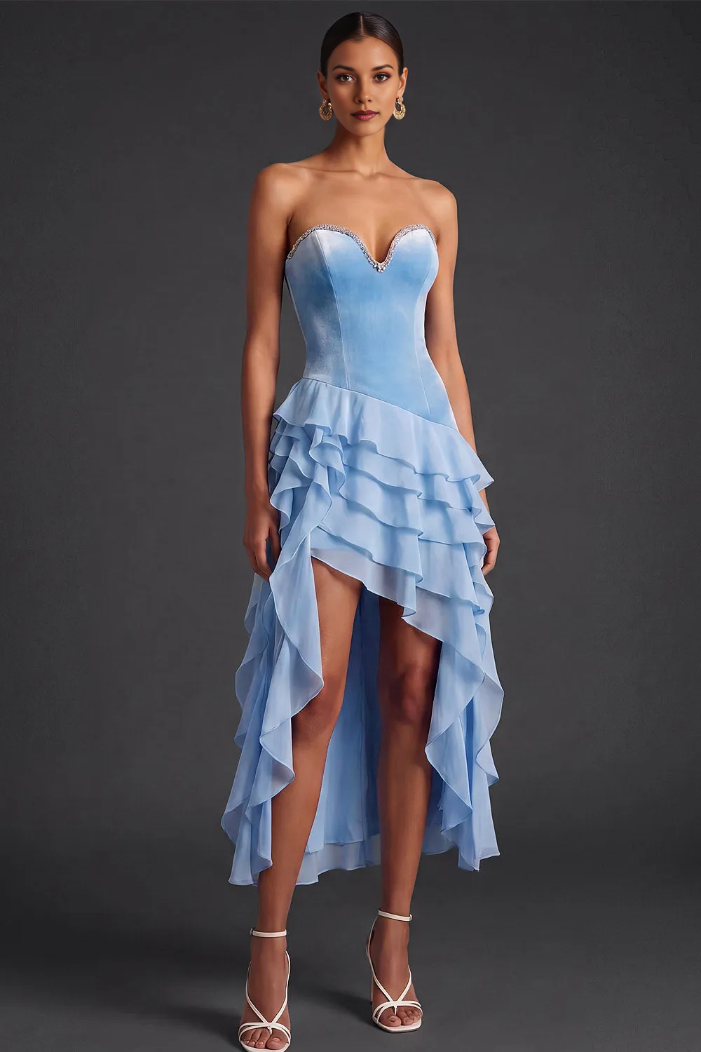 Strapless Rhinestone Sweetheart Velvet High Low Ruffle Chiffon Formal Prom Dress