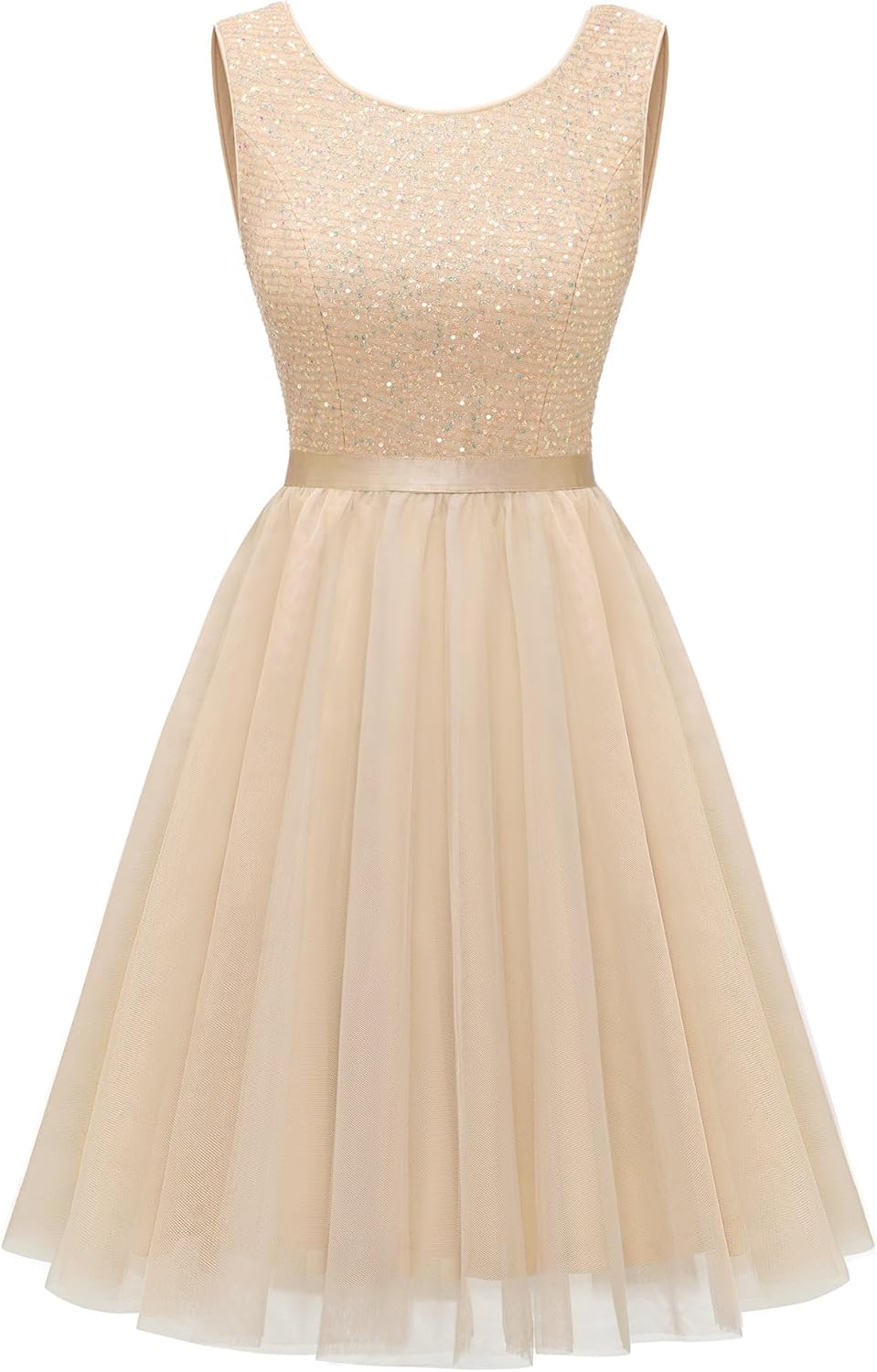 Sleeveless Round Neck A-Line Short Homecoming Dress - Sequin Top & Tulle Skirt, Lace-Up Back Cocktail Dress