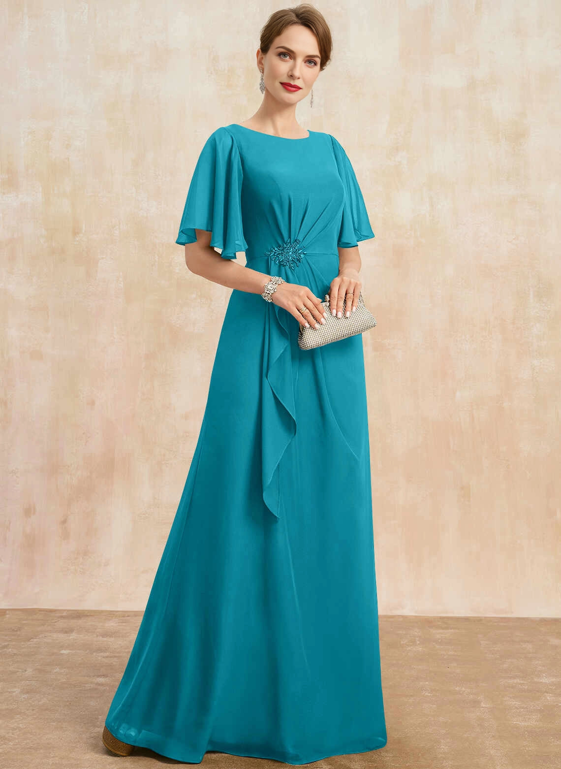 Elegant Sheath Round Neck Flutter Sleeve Zipper Back Floor‑Length Mother Of The Bride Dress
