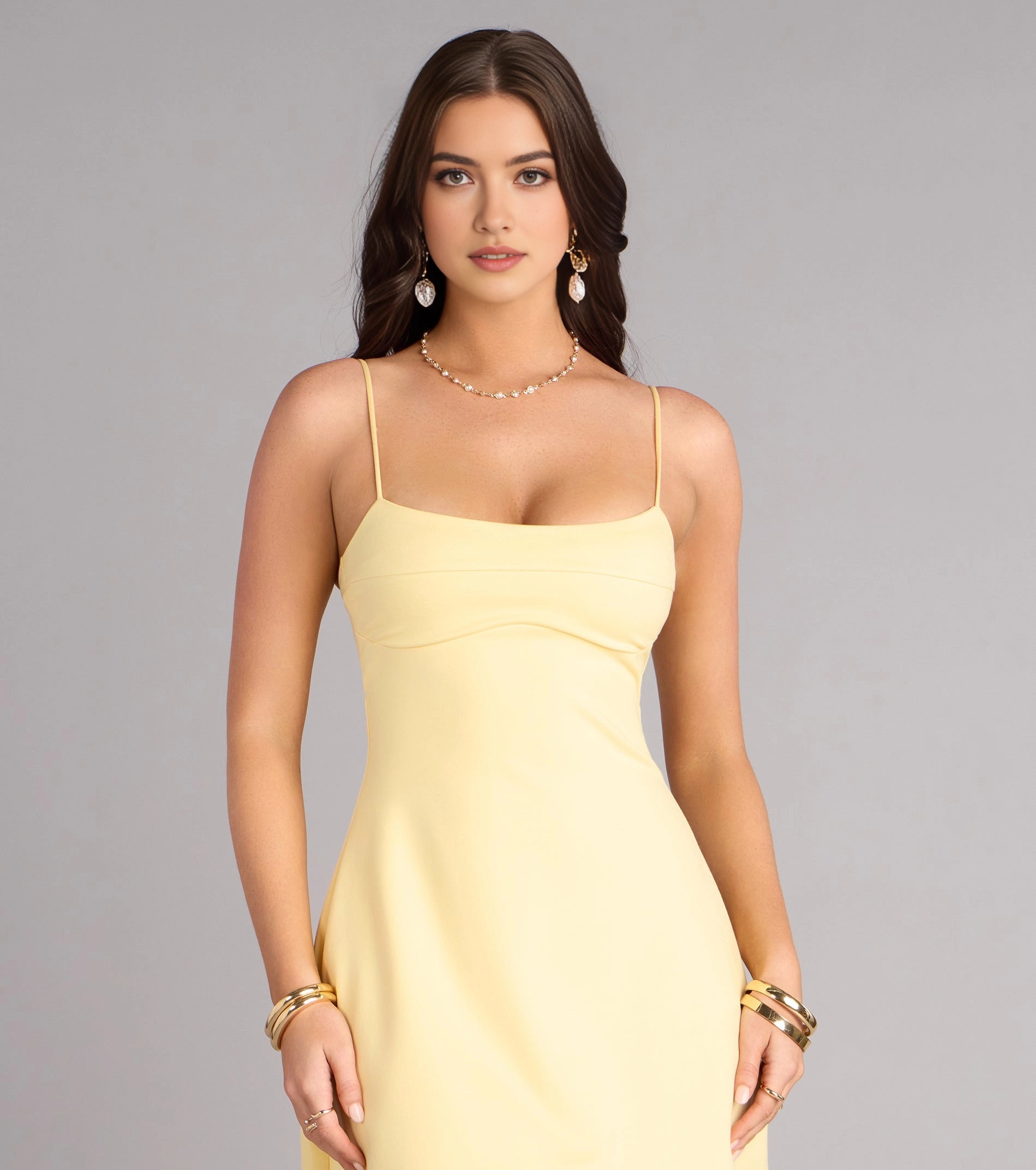 Butter Yellow FitFlare SquareNeck PlainBack Strap Mini Homecoming Dress