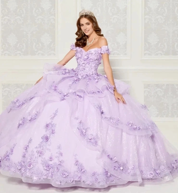 Dreamy Ball Gown Off-Shoulder Short Sleeve Lace-Up Back Court Train Quinceanera Dress